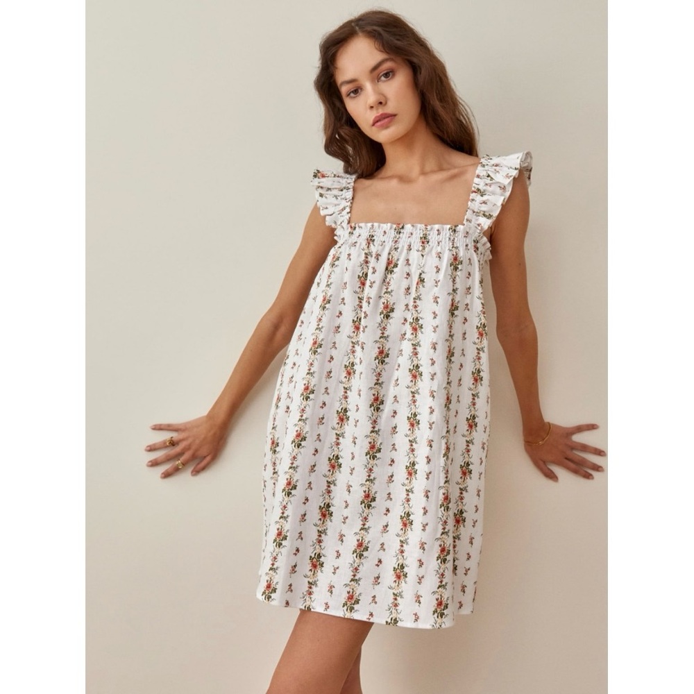 Reformation White Mini Dress with Pink & Green Floral Print